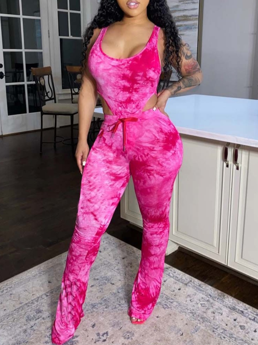 

lovely Trendy Backless Tie Dye Rose Red Two Piece Pants Set