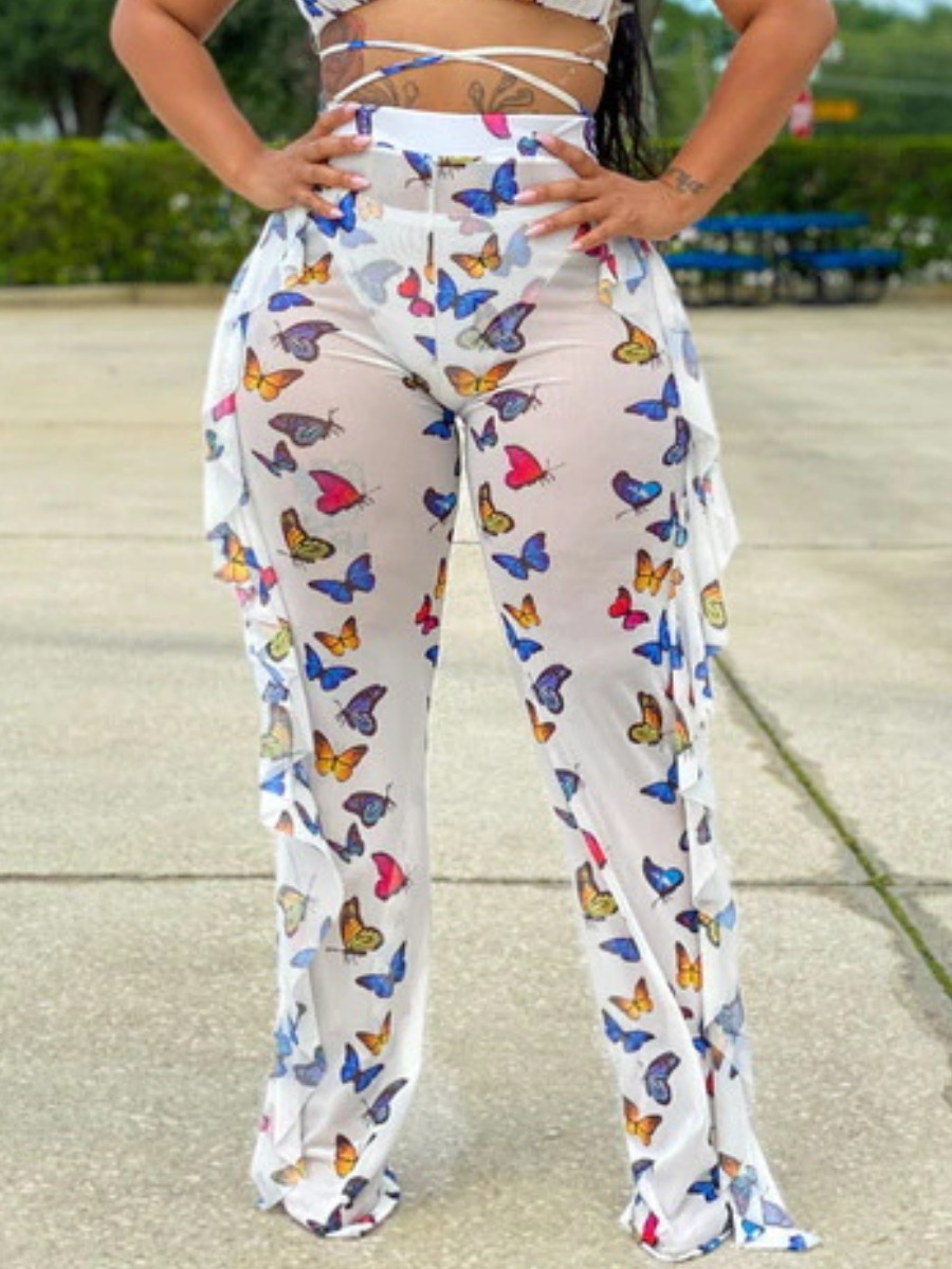 

lovely Casual Butterfly Print See-through White Pants