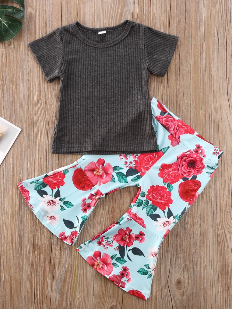 

lovely Trendy O Neck Floral Print Dark Grey Girl Two-piece Pants Set