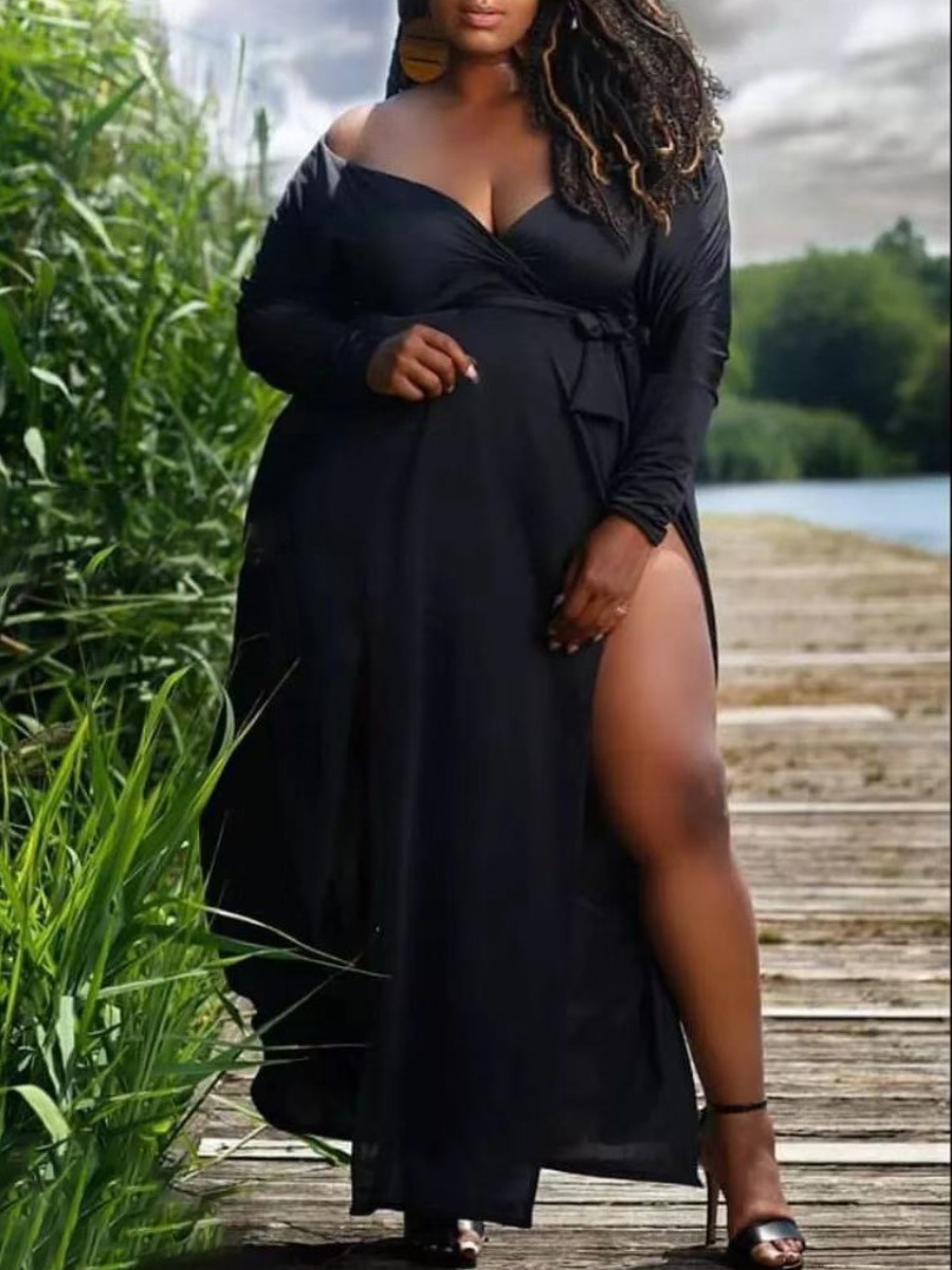 

lovely Stylish V Neck Side High Slit Black Ankle Length Plus Size Dress