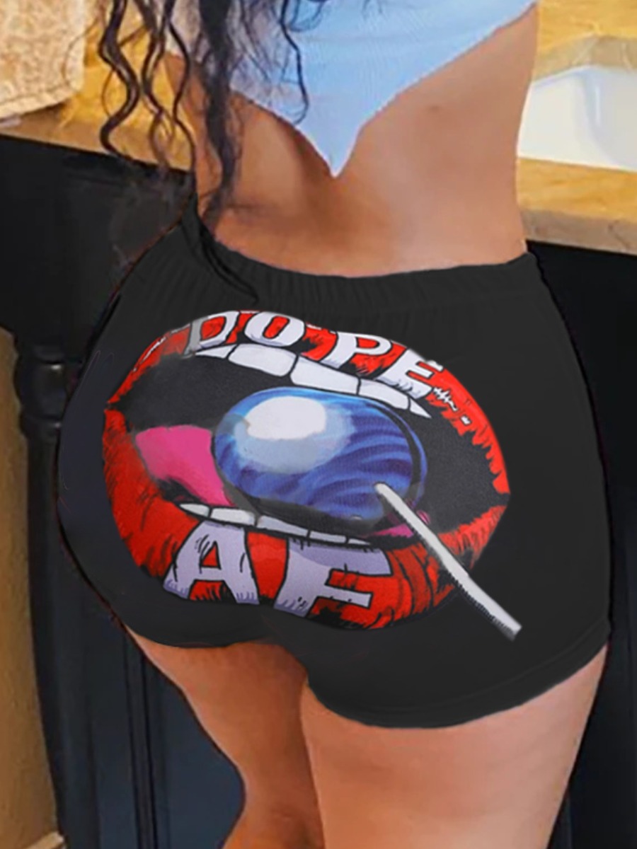 

lovely Sportswear Lip Print Black Plus Size Shorts