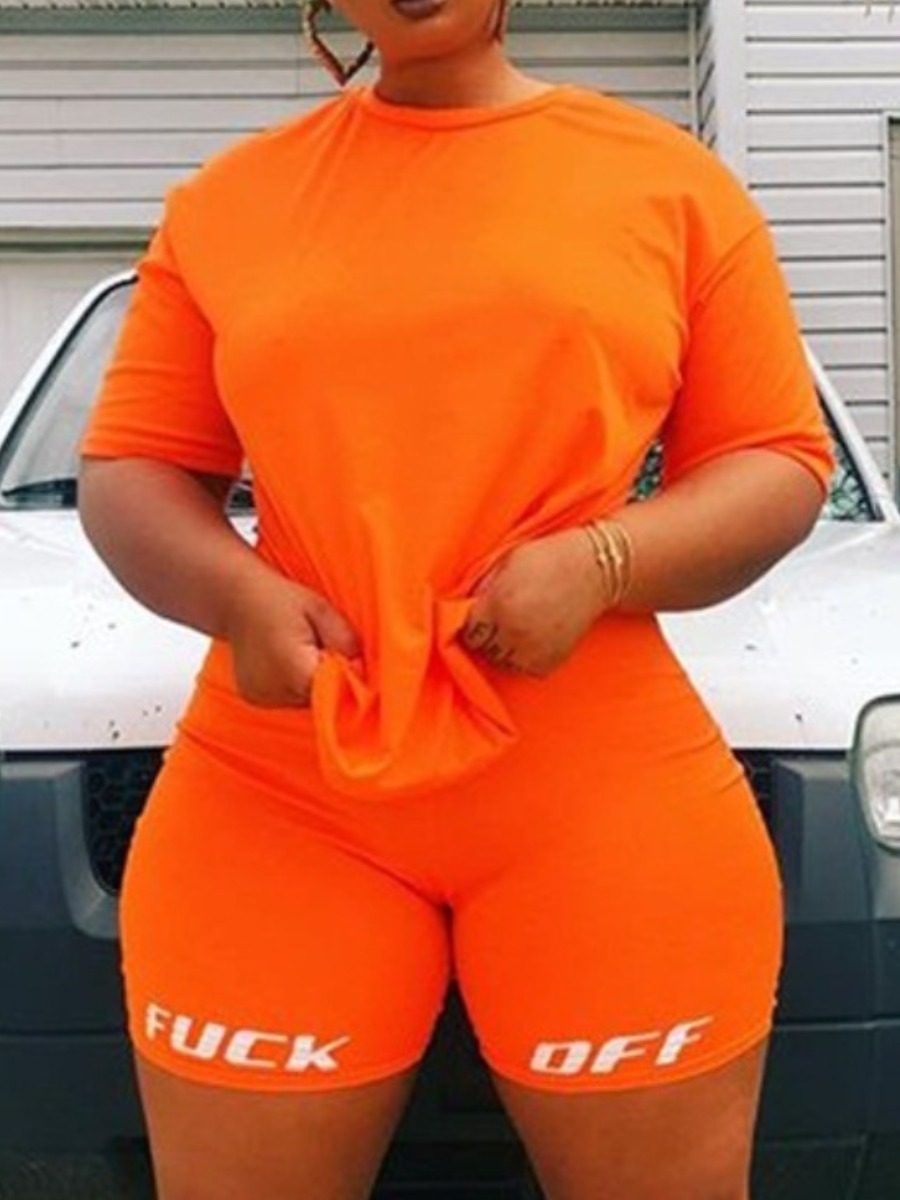 

lovely Casual O Neck Letter Orange Plus Size Two-piece Shorts Set