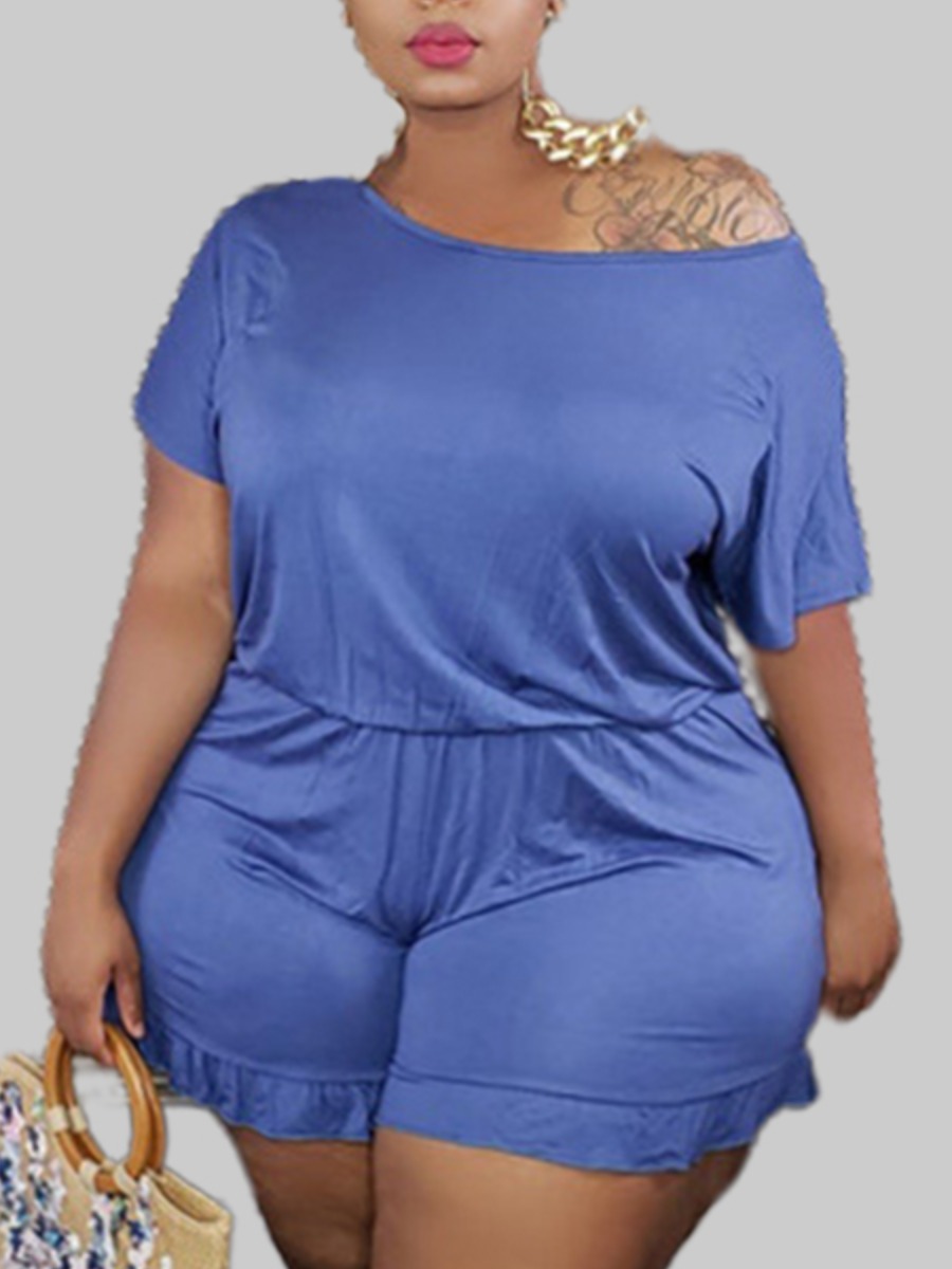 

lovely Leisure O Neck Flounce Design Blue Plus Size One-piece Romper