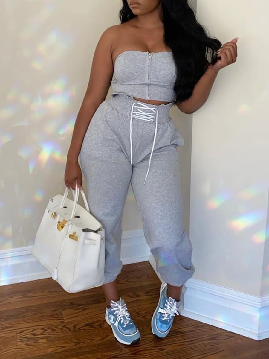 

LW Off The Shoulder Bandage Design Pants Set, Grey