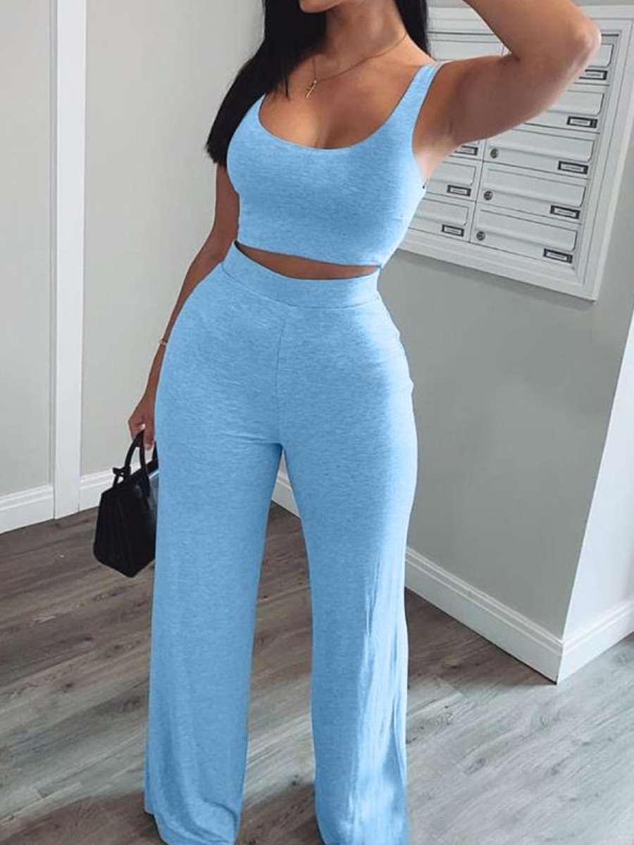 

LW Sportswear U Neck Basic Blue Two Piece Pants Set