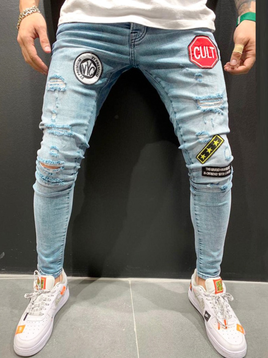 

lovely Trendy Broken Holes Patchwork Blue Jeans
