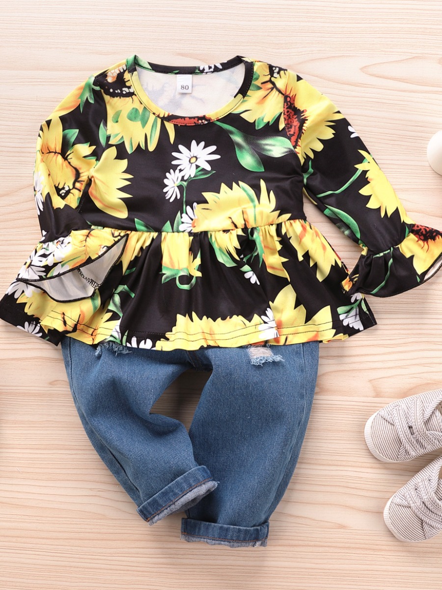 

lovely Casual O Neck Floral Print Yellow Girl Two-piece Pants Set