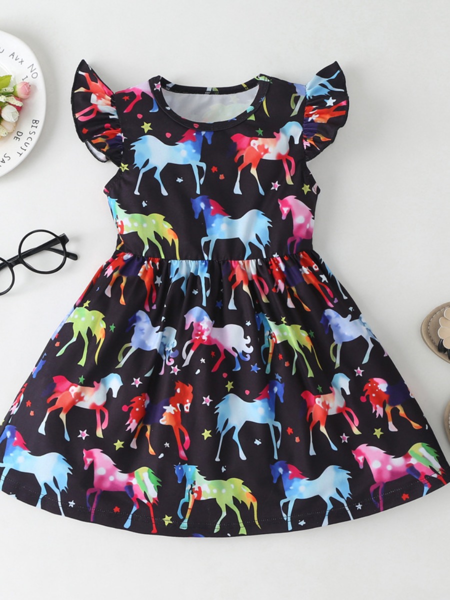 

lovely Casual O Neck Cartoon Print Black Girl Mini Dress