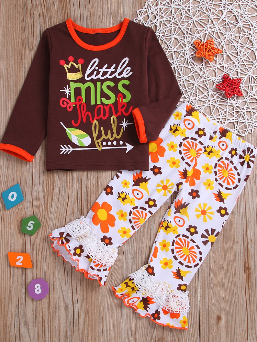 

lovely Trendy O Neck Print Brown Girl Two-piece Pants Set