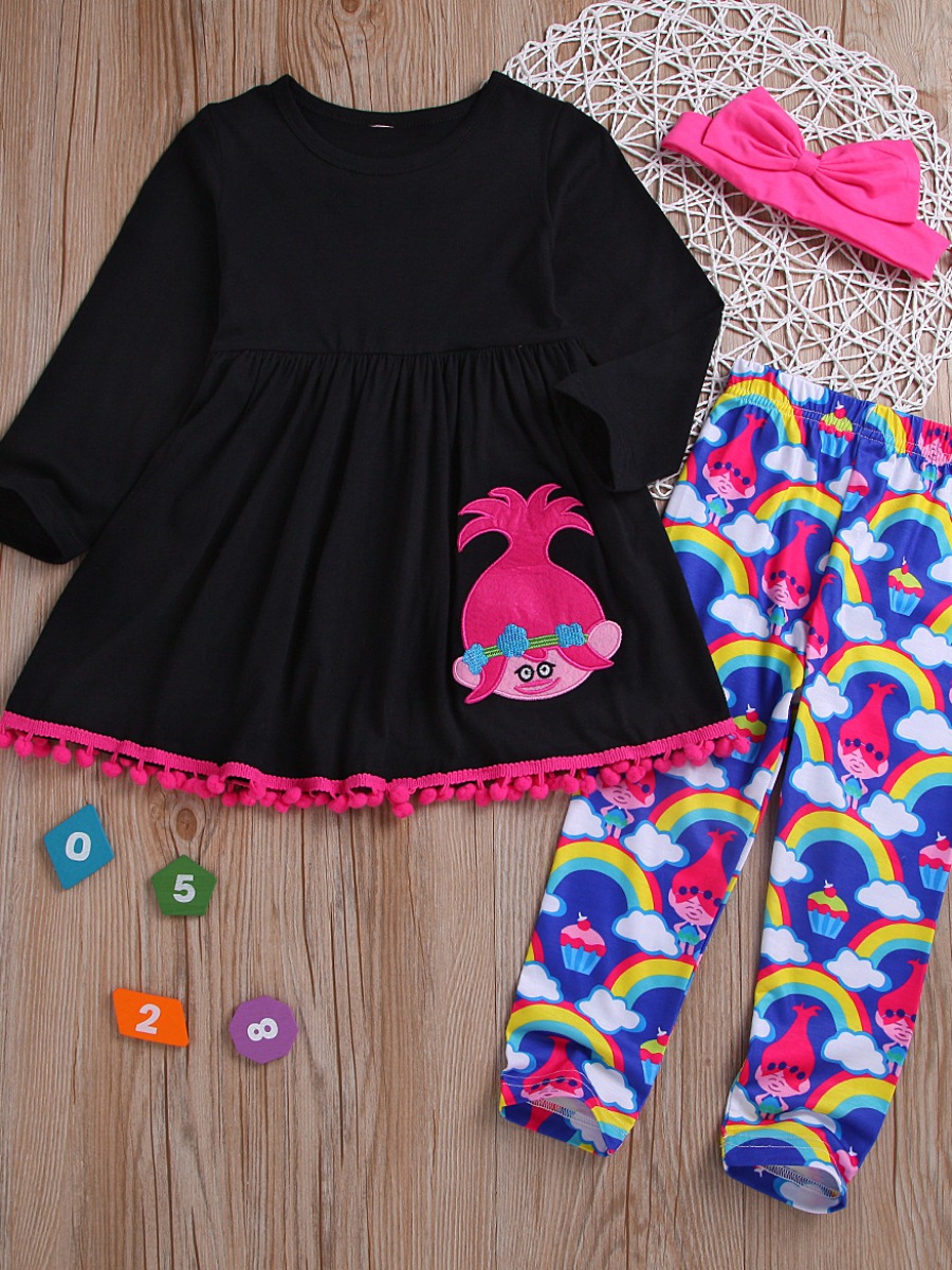 

lovely Sweet O Neck Cartoon Print Black Girl Two-piece Pants Set