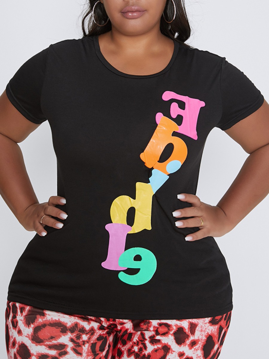 

lovely Leisure O Neck Letter Print Black Plus Size T-shirt