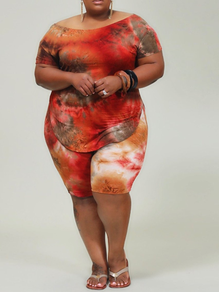 

LW BASICS Plus Size O Neck Tie-dye Jacinth Shorts Set
