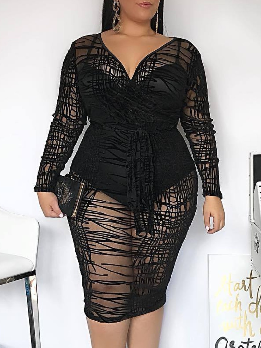 

lovely Sexy V Neck See-through Black Knee Length Plus Size Dress