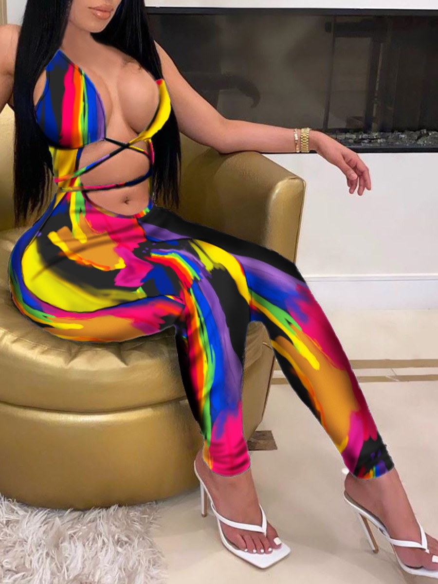 

Lovely Sexy Print Cross-over Bandage Design Pink One-piece Jumpsuit