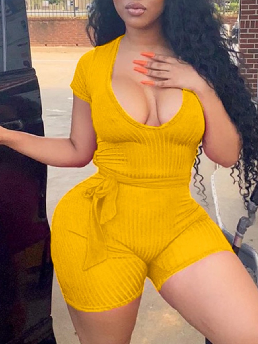 

Lovely Casual U Neck Yellow Plus Size One-piece Romper