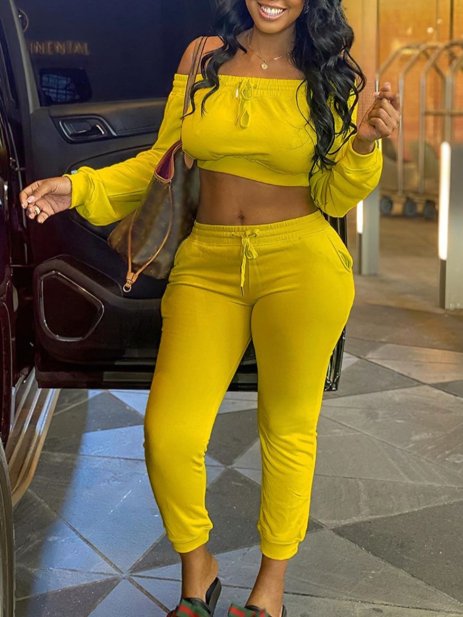 

LW Off The Shoulder Drawstring Pants Set, Yellow