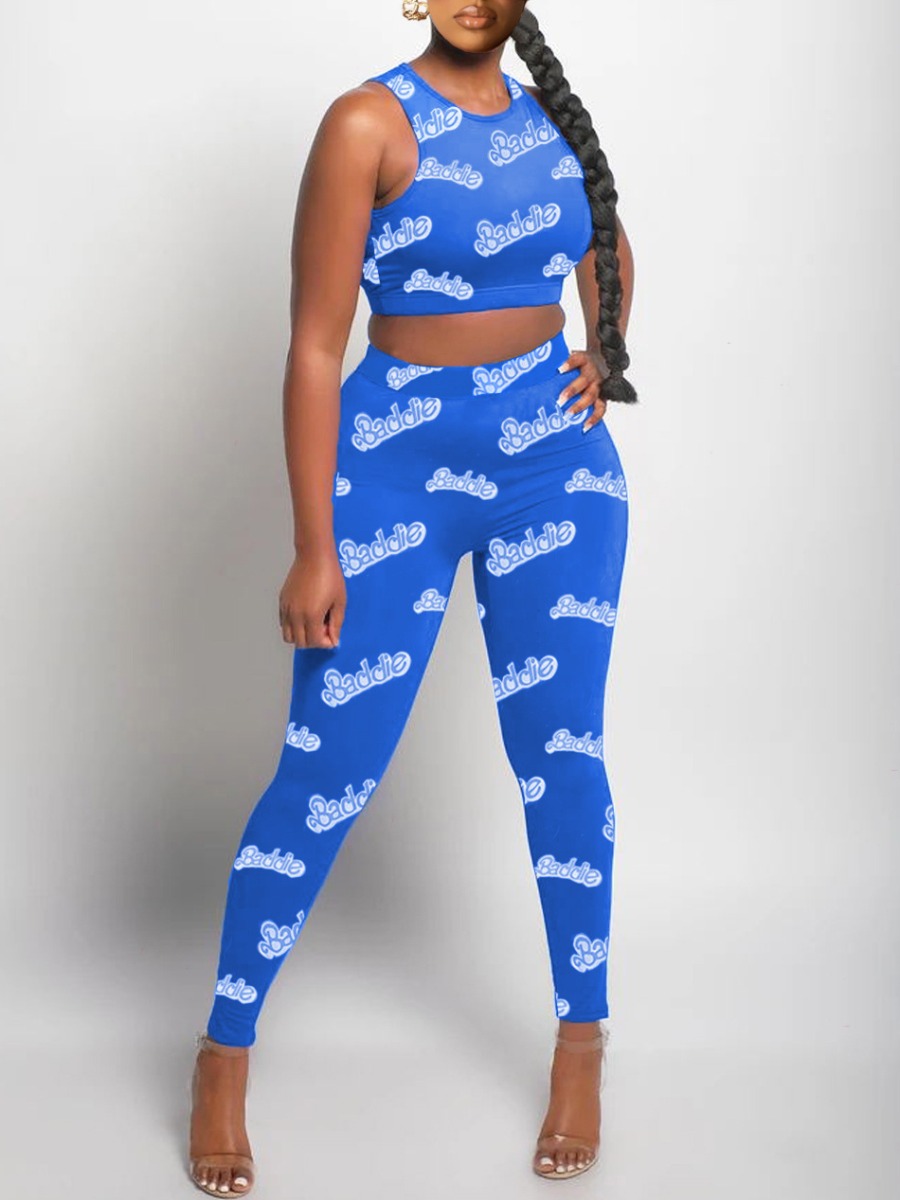 

lovely Sportswear O Neck Letter Print Blue Two Piece Pants Set