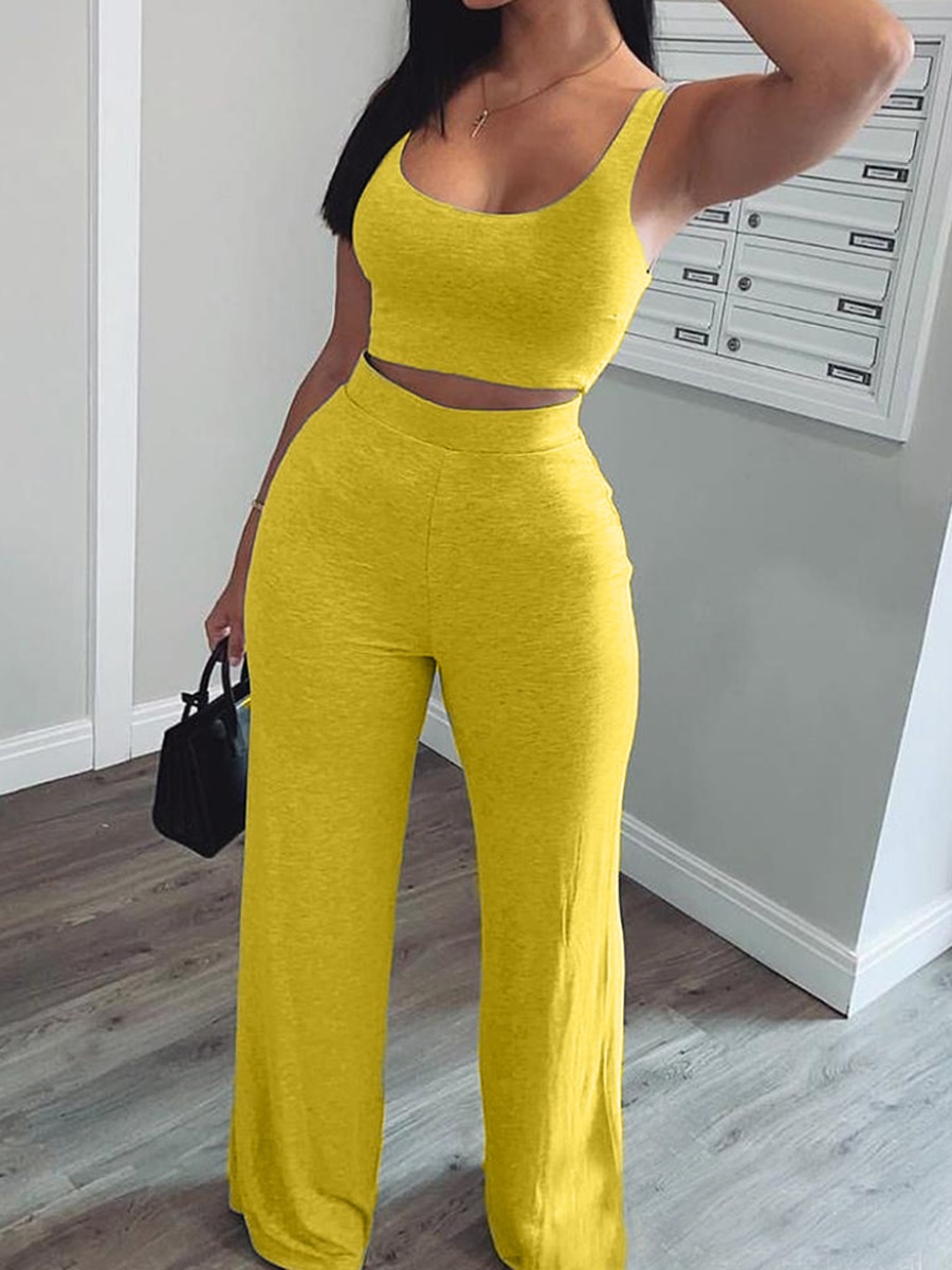 

LW Sportswear U Neck Basic Yellow Two Piece Pants Set