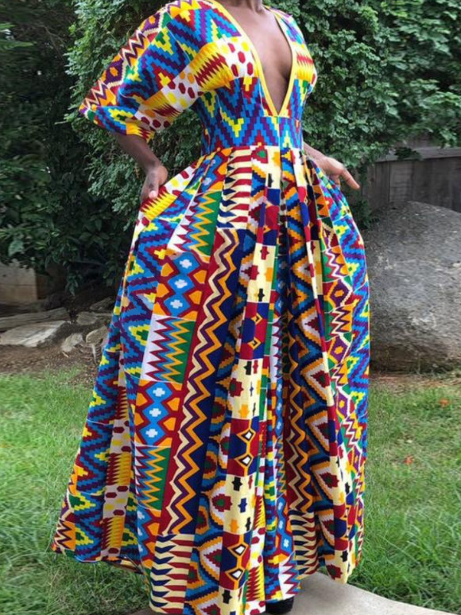 

lovely Ethnic Deep V Neck Print Blue One-piece Jumpsuit