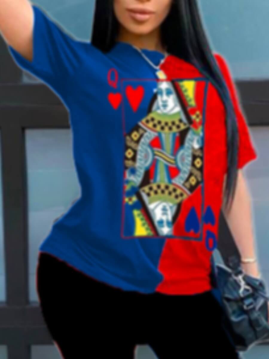 LovelyWholesale Casual O Neck Print Blue T-shirt Summer Short Sleeve Casual Round Neck Spring Summer 2024