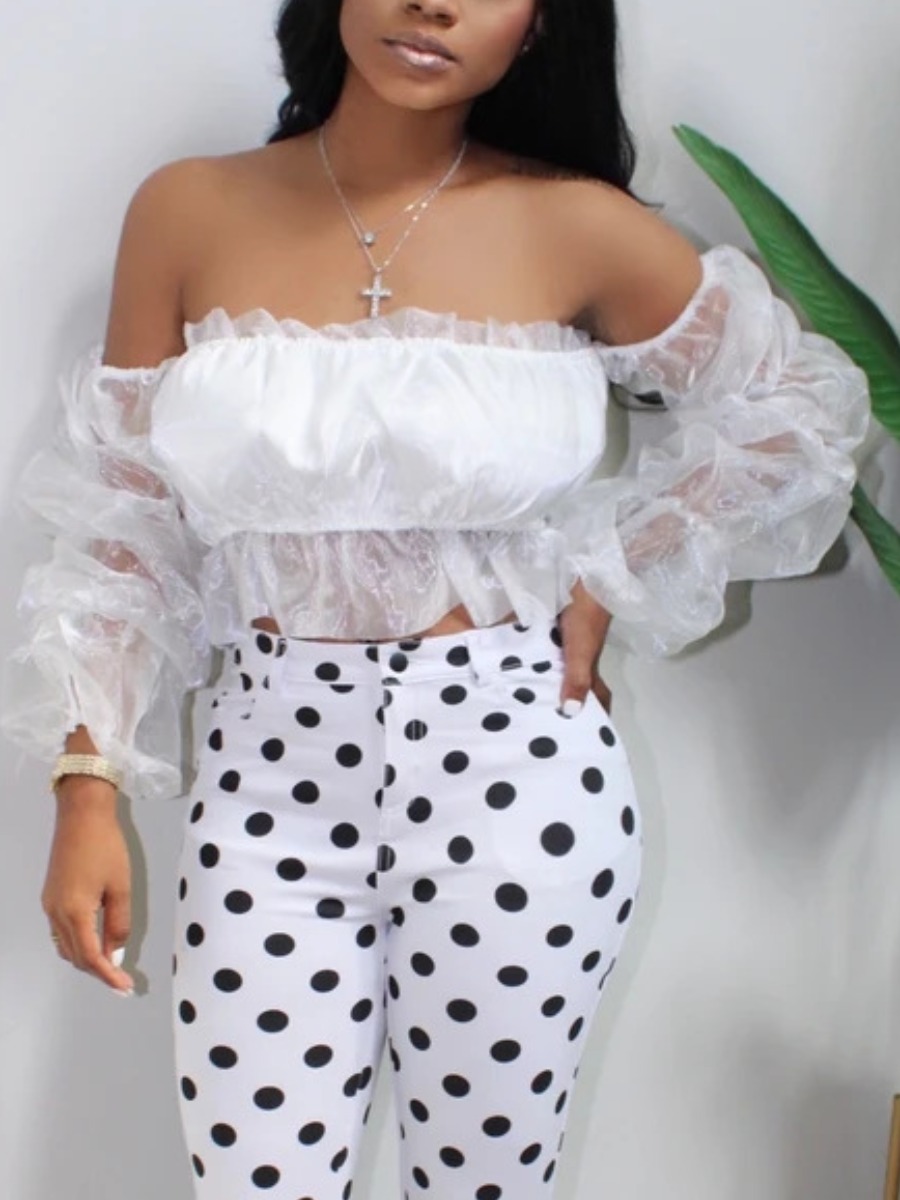 

lovely Stylish Dew Shoulder See-through White Blouse