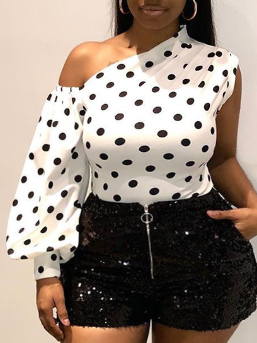 

lovely Stylish Dot Print White Plus Size Blouse