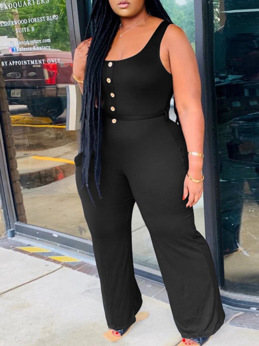 

LW Plus Size Leisure U Neck Buttons Design Black One-piece Jumpsuit