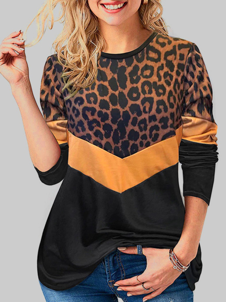 

lovely Street O Neck Leopard Print Patchwork Plus Size T-shirt