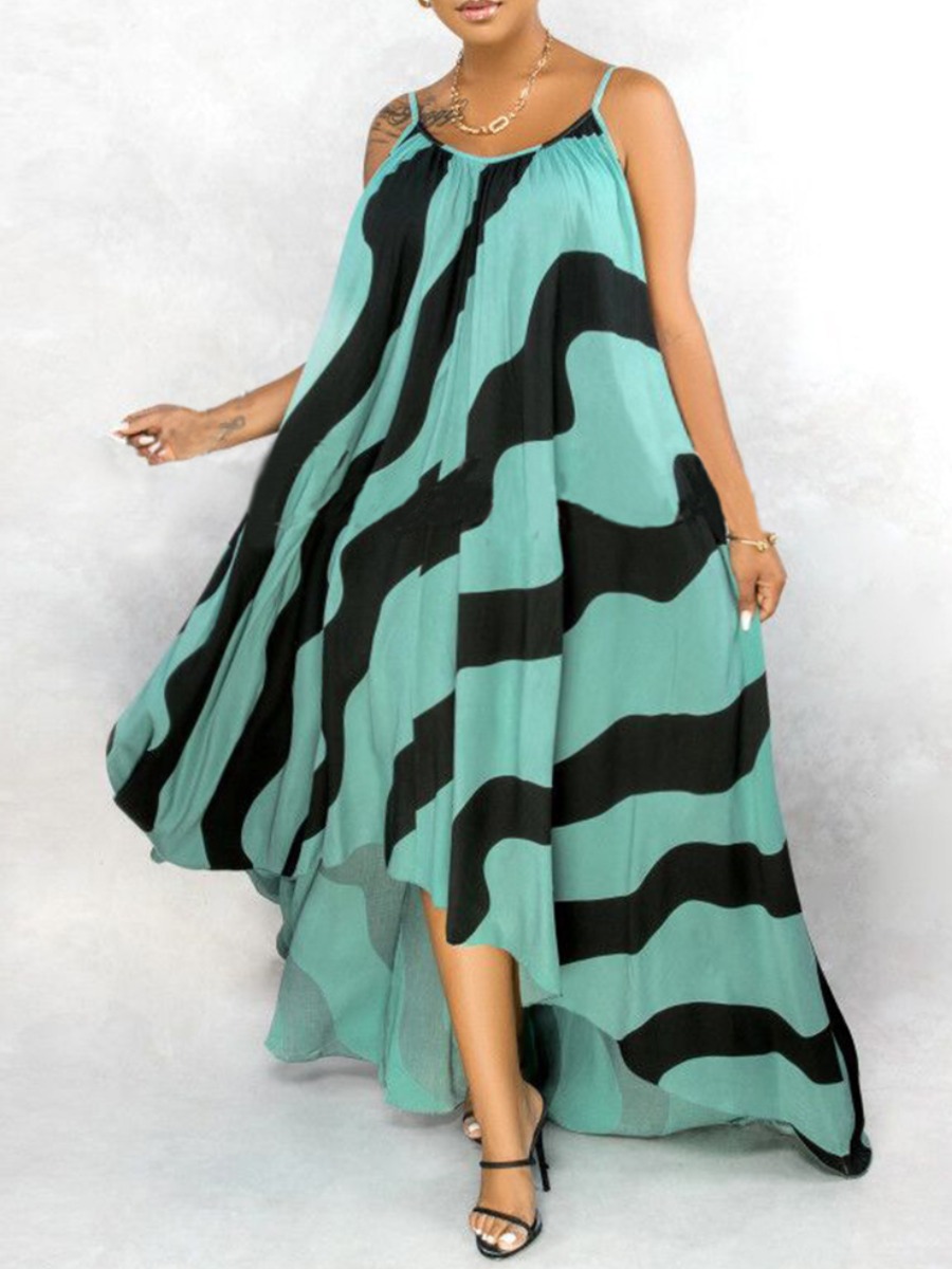 

lovely Stylish Spaghetti Strap Striped Asymmetrical Green Maxi Plus Size Dress