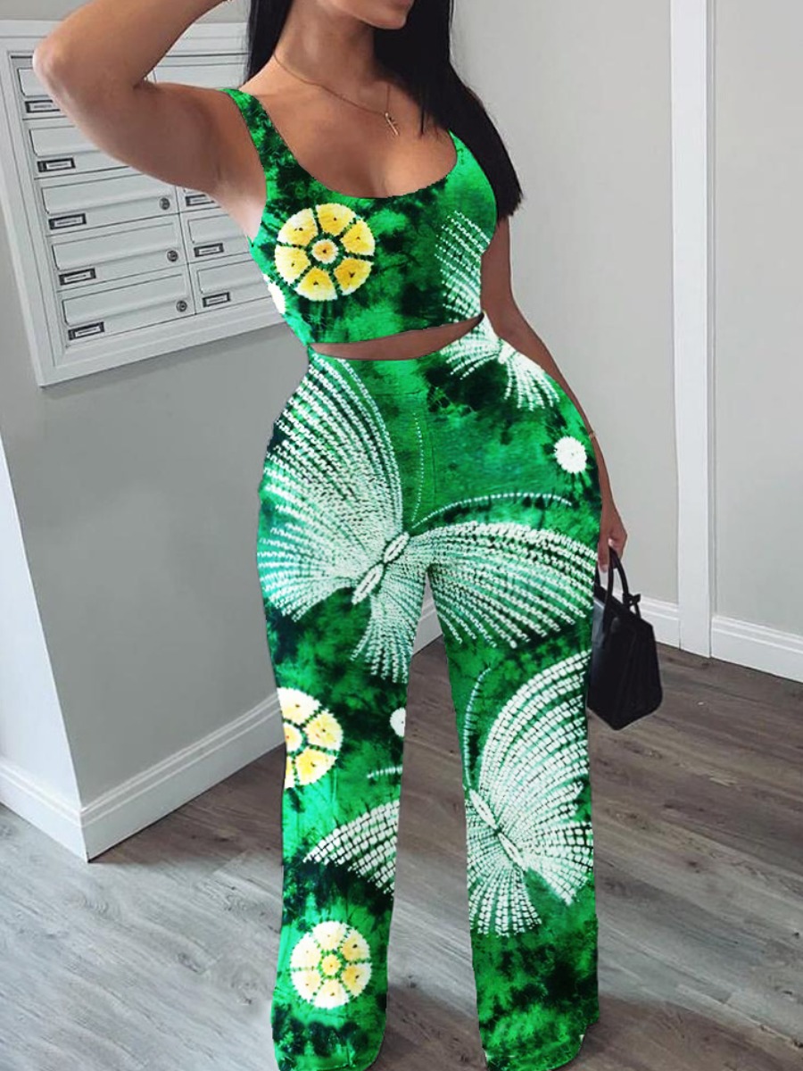 

lovely Street U Neck Tie-dye Green Plus Size Two-piece Pants Set