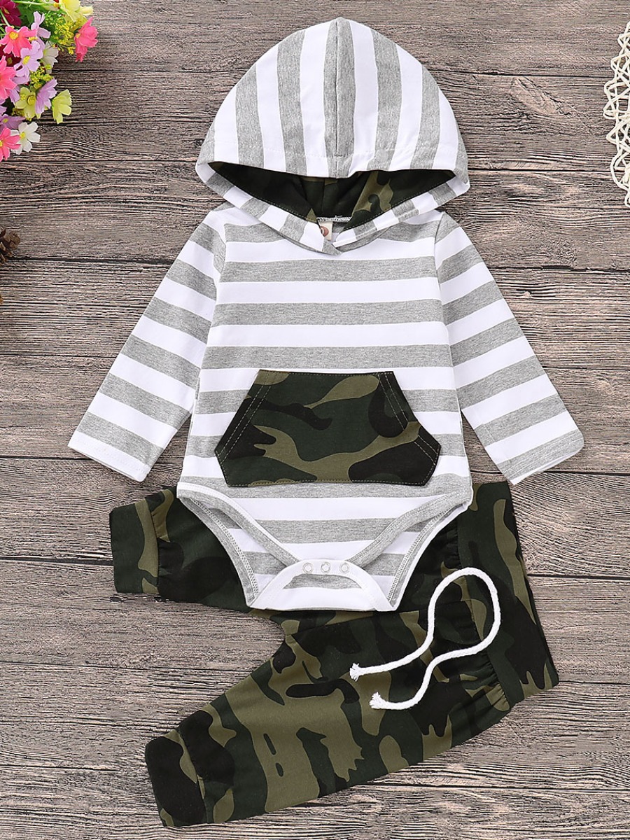 

lovely Street Hooded Collar Striped Print Grey Girl Two-piece Pants Set