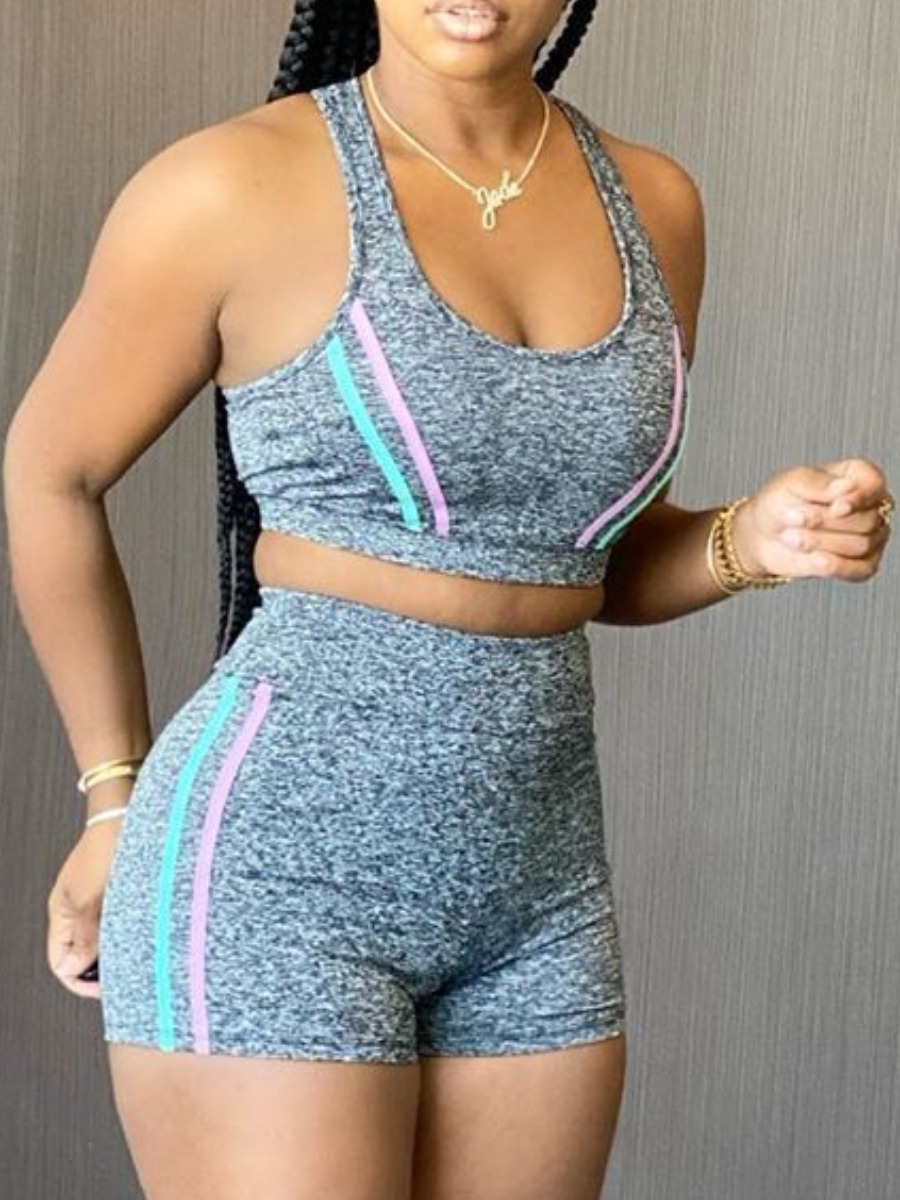 

lovely Sportswear U Neck Patchwork Grey Two Piece Shorts Set