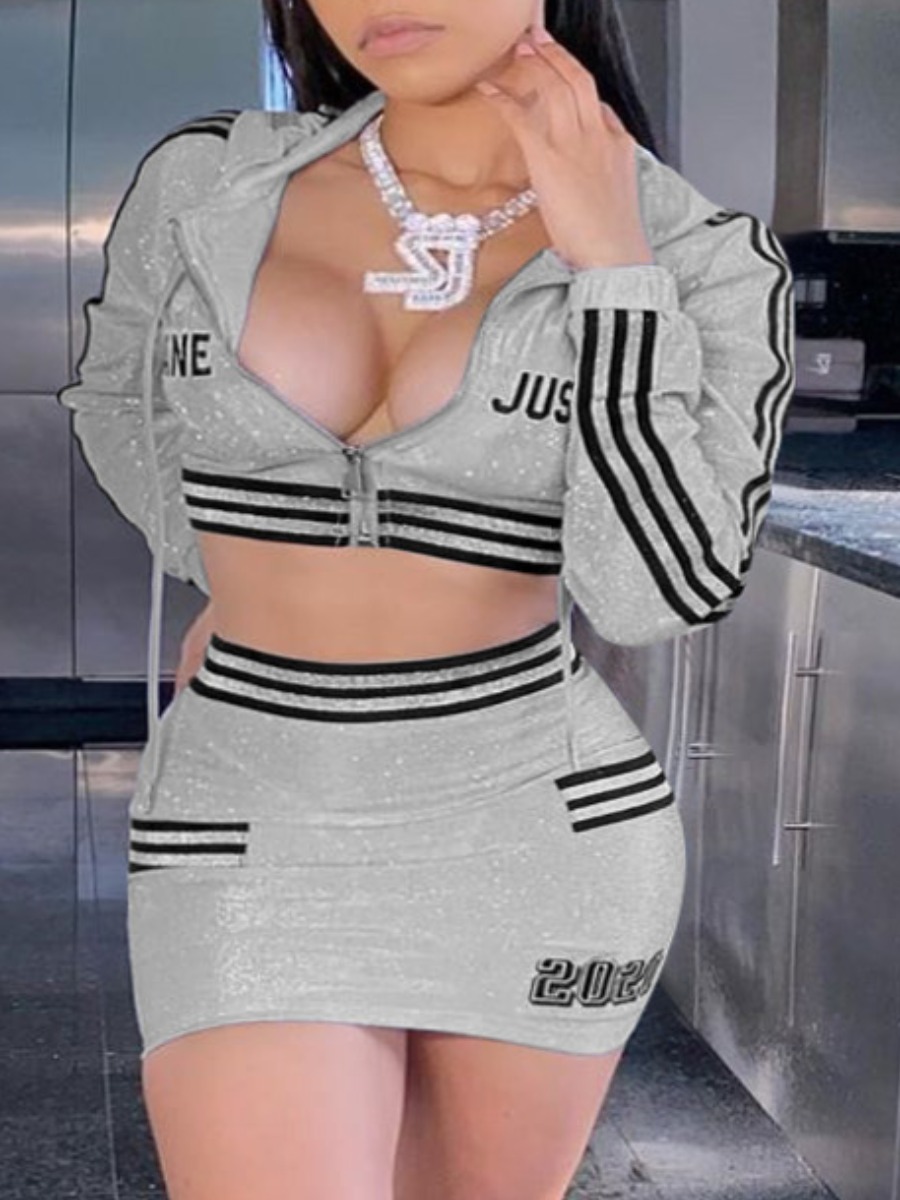 

lovely Sportswear Hooded Collar Patchwork Zipper Design Silver Two Piece Skirt Set