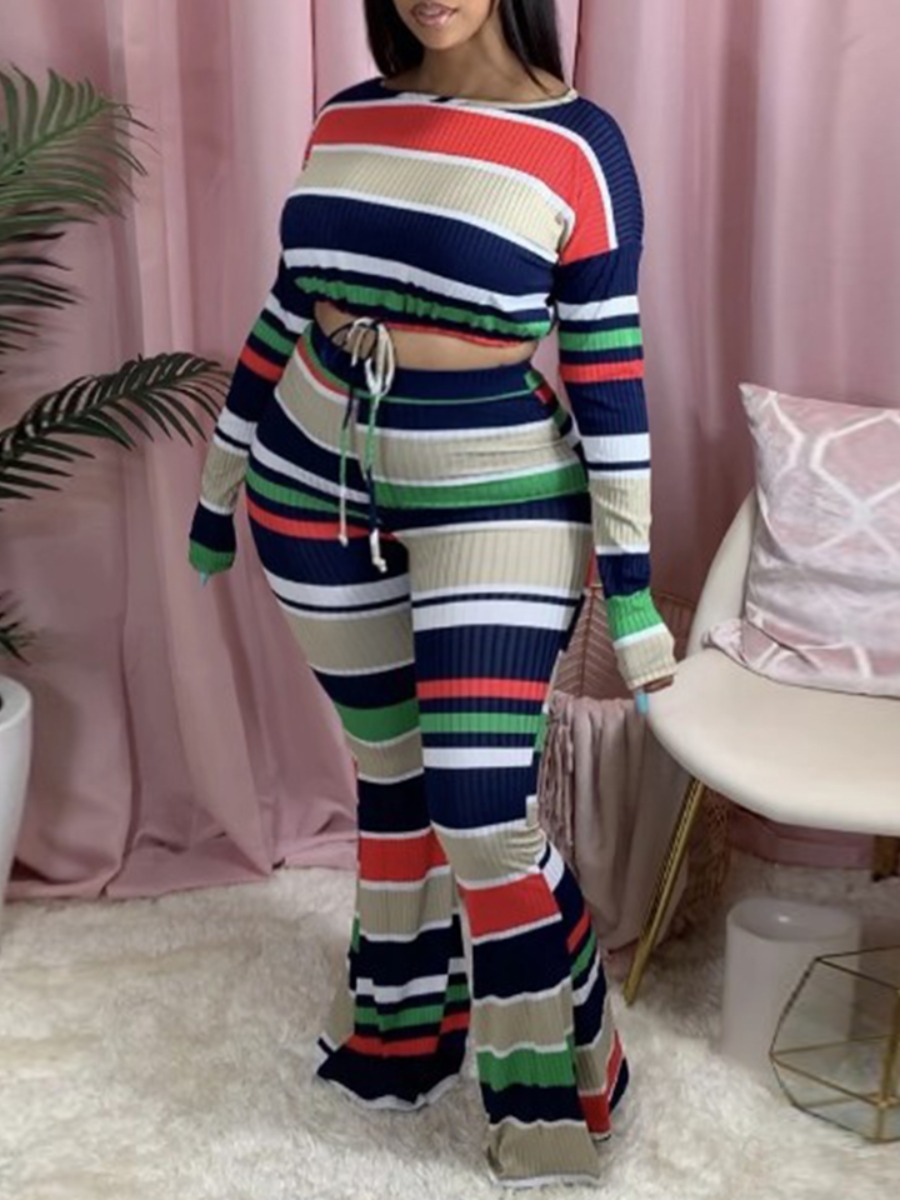 

lovely Casual Rainbow Striped Green Plus Size Two-piece Pants Set