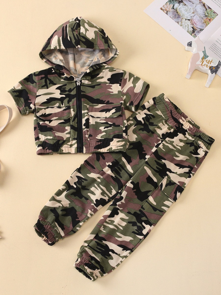 

lovely Street Hooded Collar Camo Print Army Green Girl Two-piece Pants Set, Army green camouflag