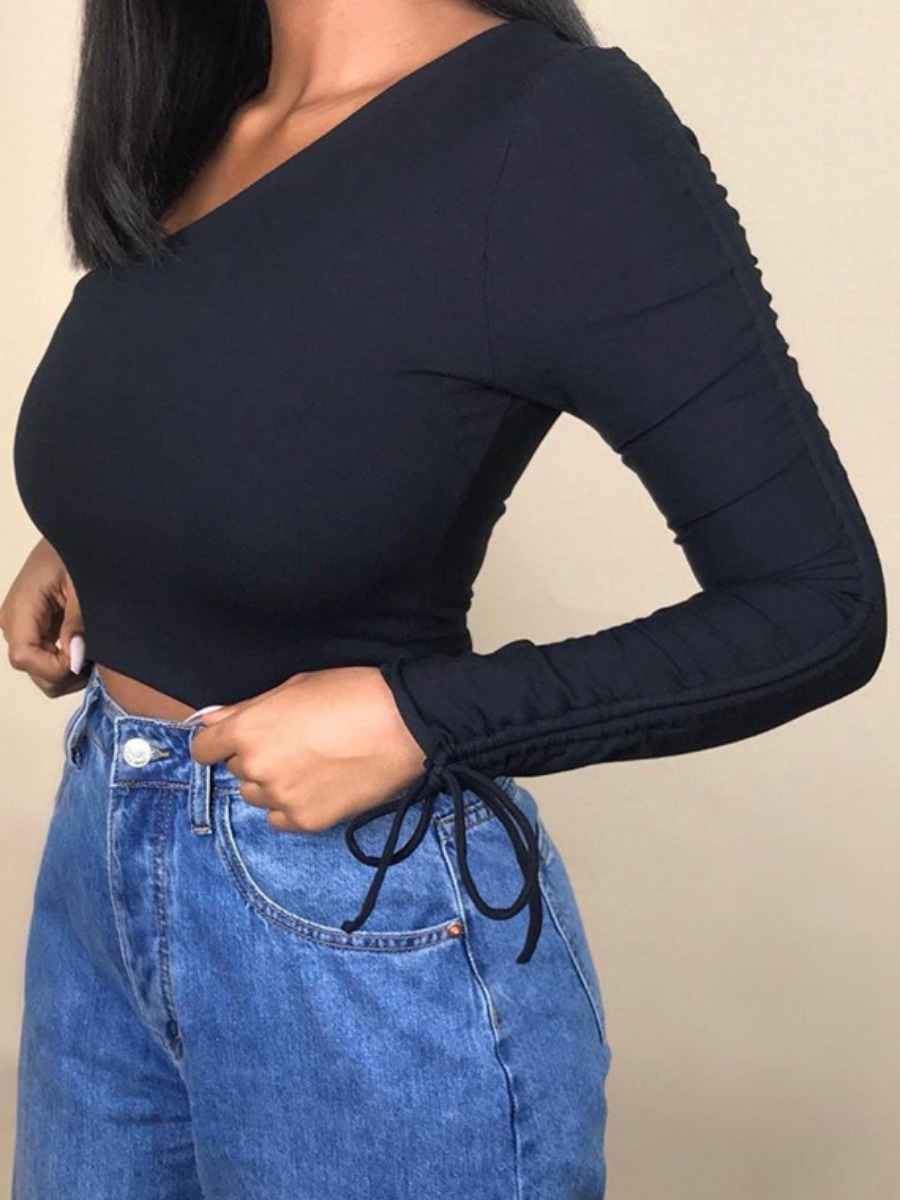 

lovely Street One Shoulder Fold Design Black T-shirt