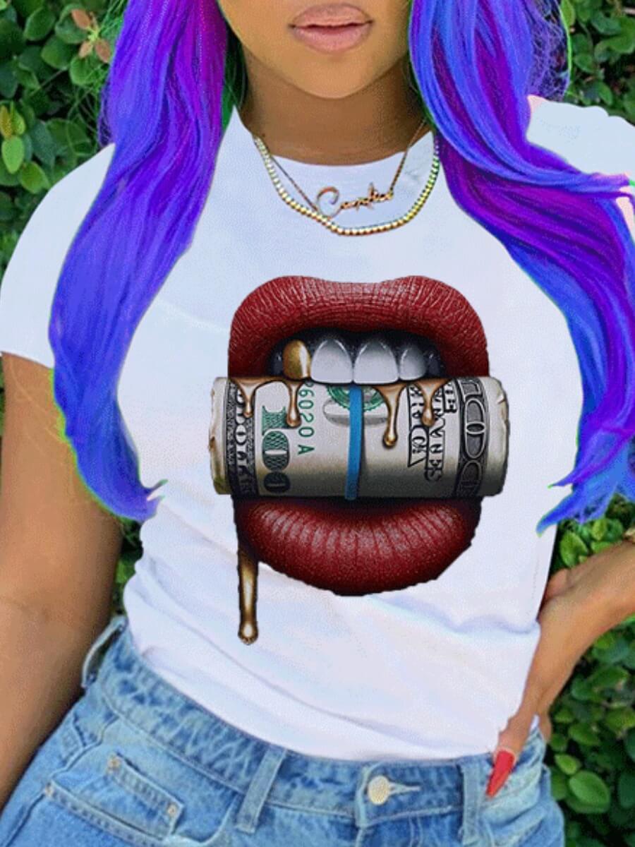 

lovely Casual O Neck Lip Print White T-shirt