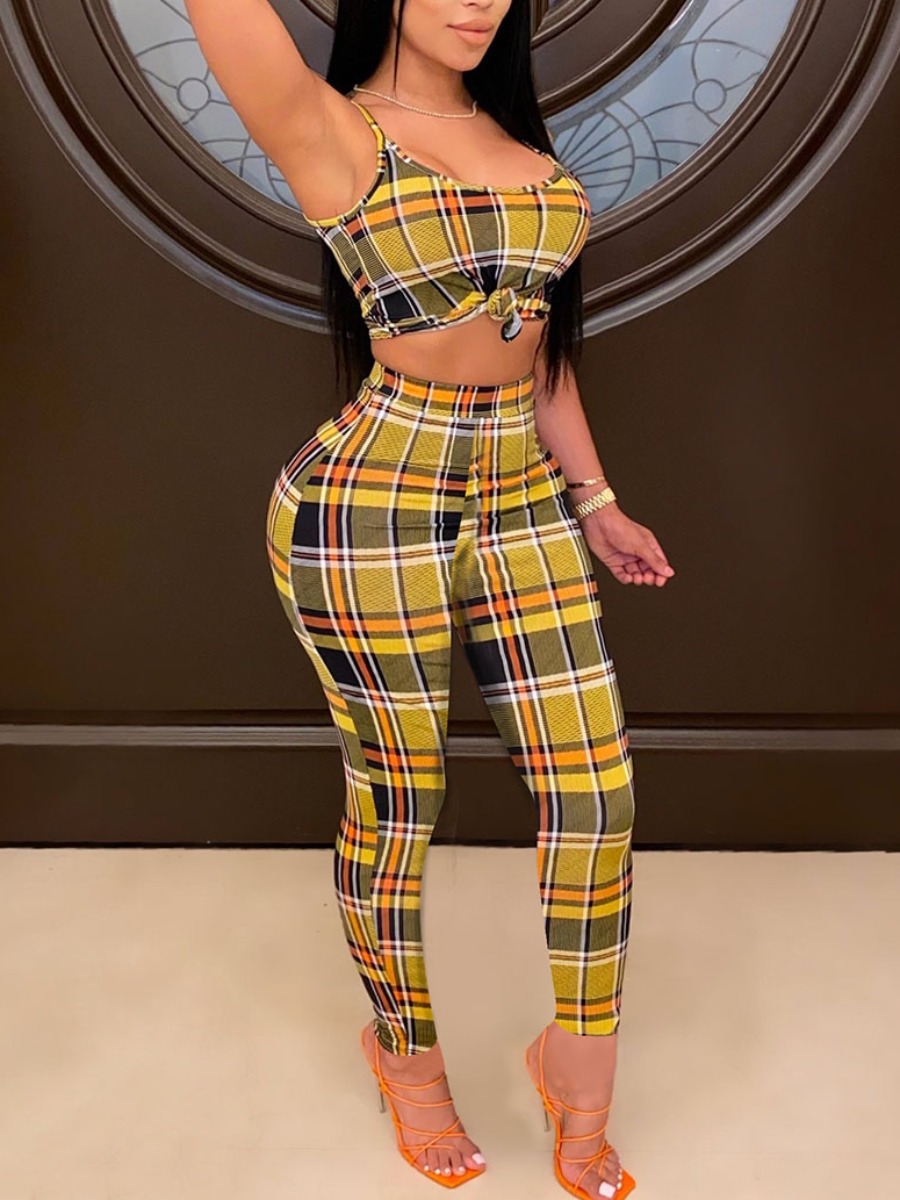 

lovely Sportswear Spaghetti Strap Grid Print Deep Yellow Two Piece Pants Set(Batch Grid Print