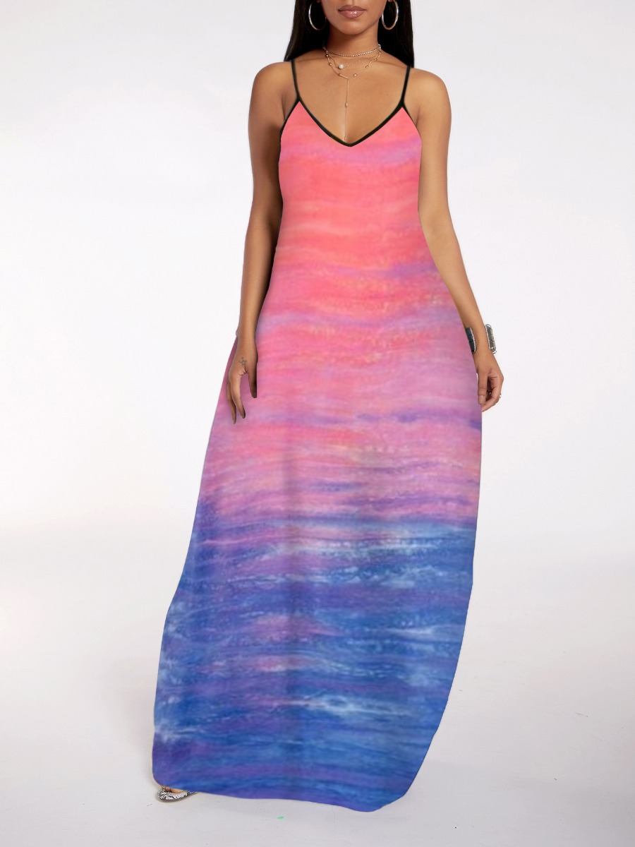 

lovely Casual Spaghetti Strap Gradient Multicolor Maxi Dress, Multi