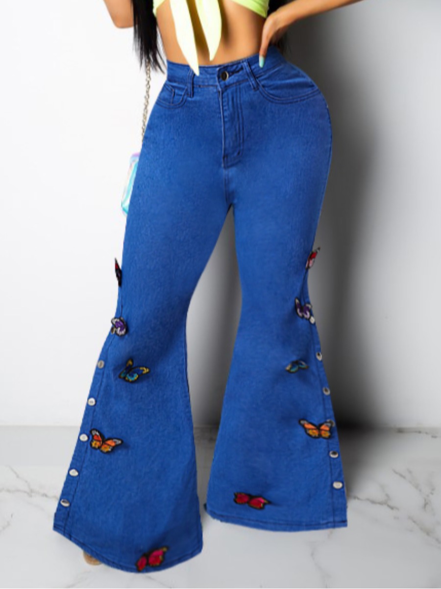 

lovely Street Butterfly Flared Deep Blue Jeans