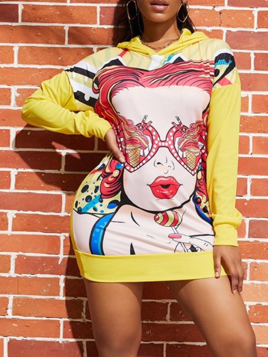 

Lovely Casual Hooded Collar Print Yellow Mini Dress