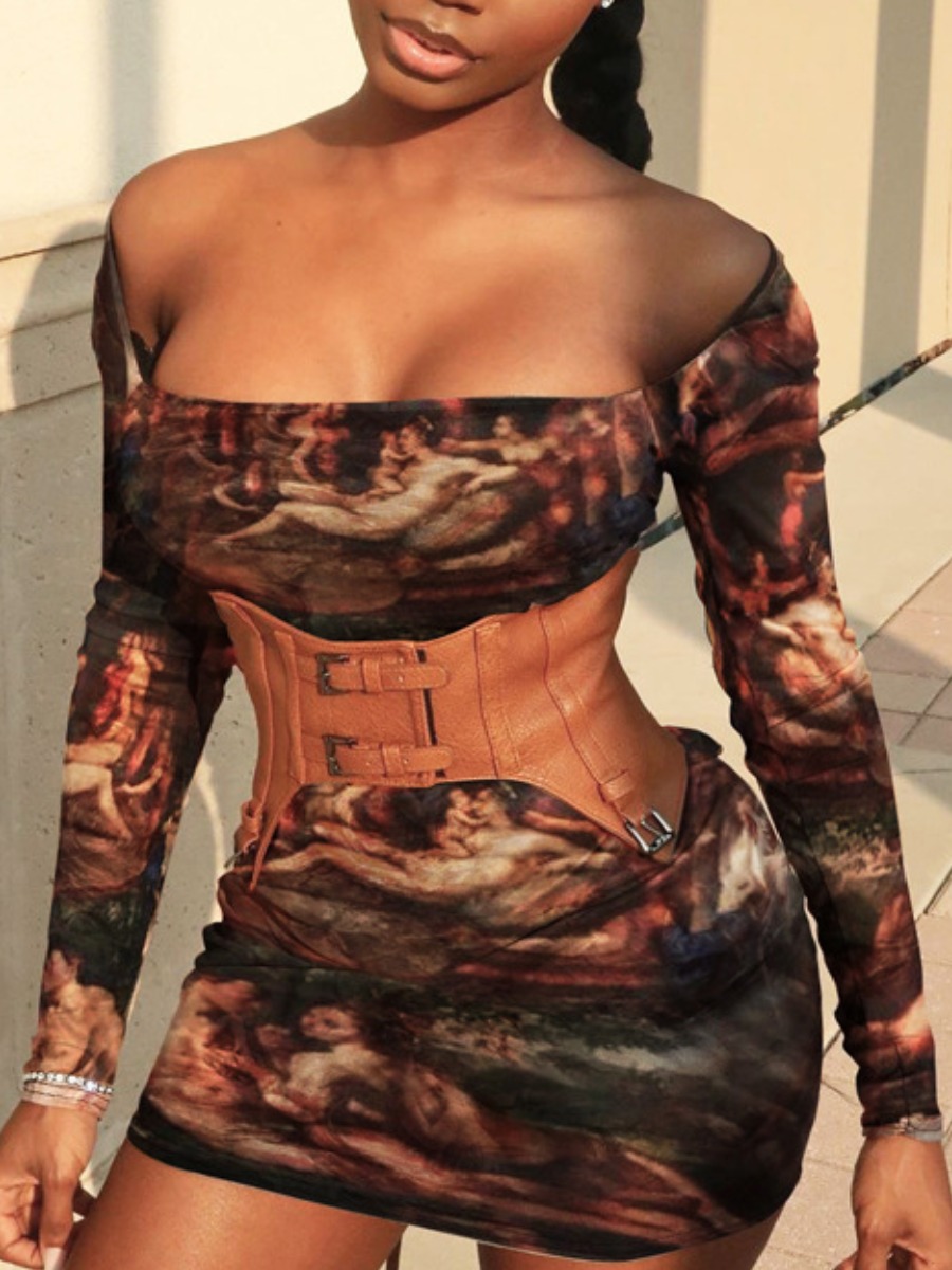 

lovely Street Print Skinny Dark Brown Mini Dress