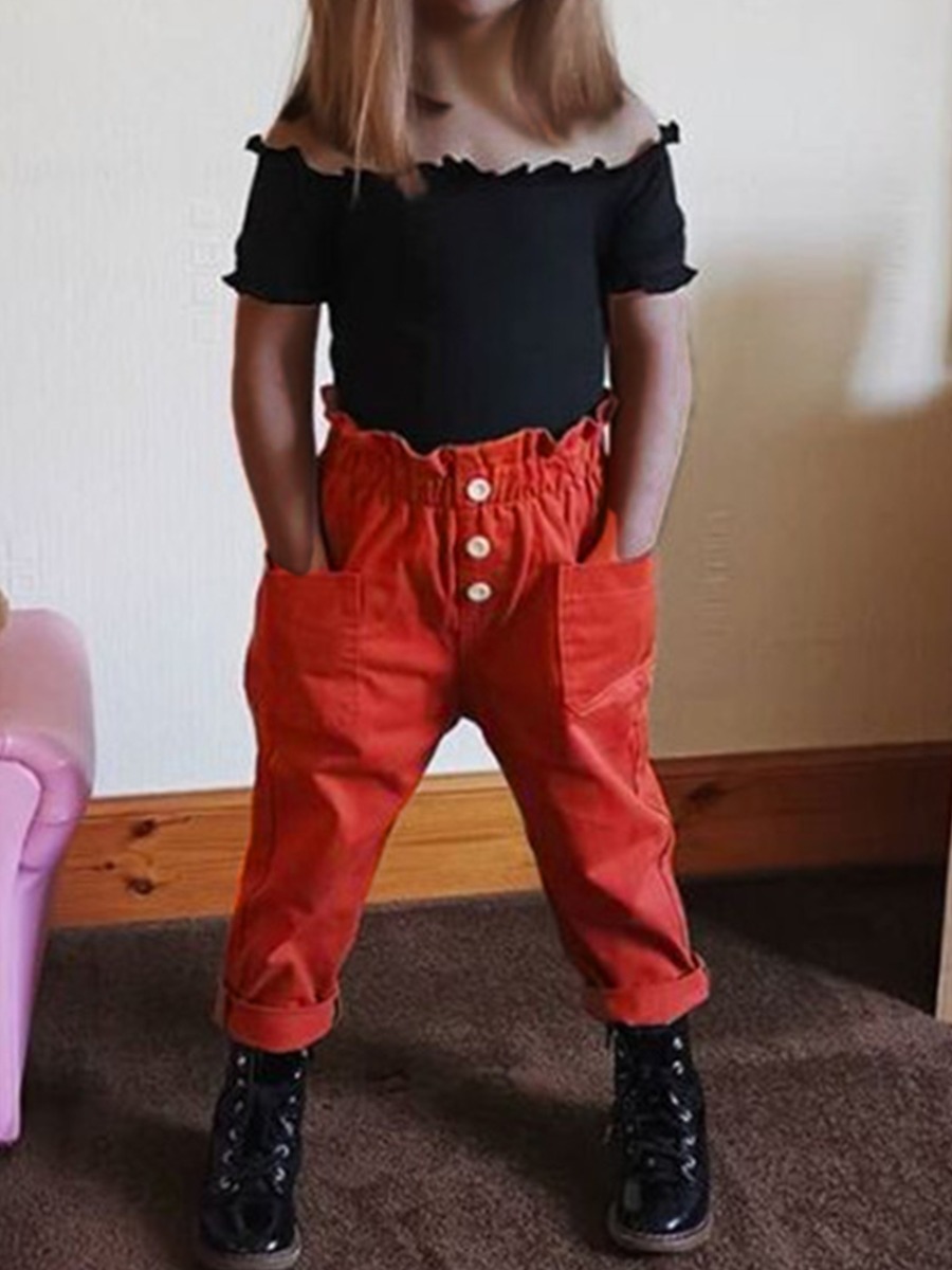 

lovely Stylish Dew Shoulder Buttons Design Black Girl Two-piece Pants Set