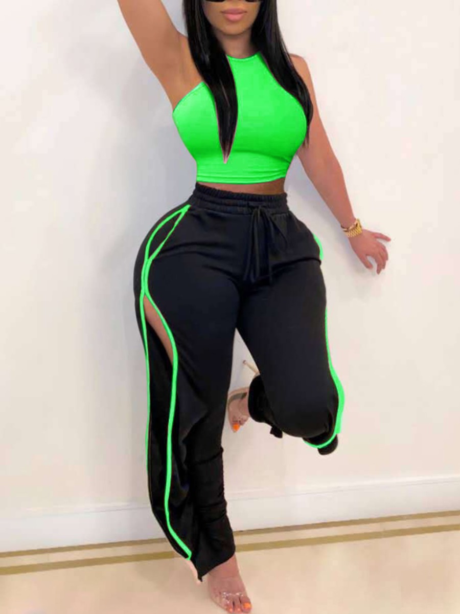 

lovely Sportswear Patchwork Hollow-out Green Plus Size Two-piece Pants Set