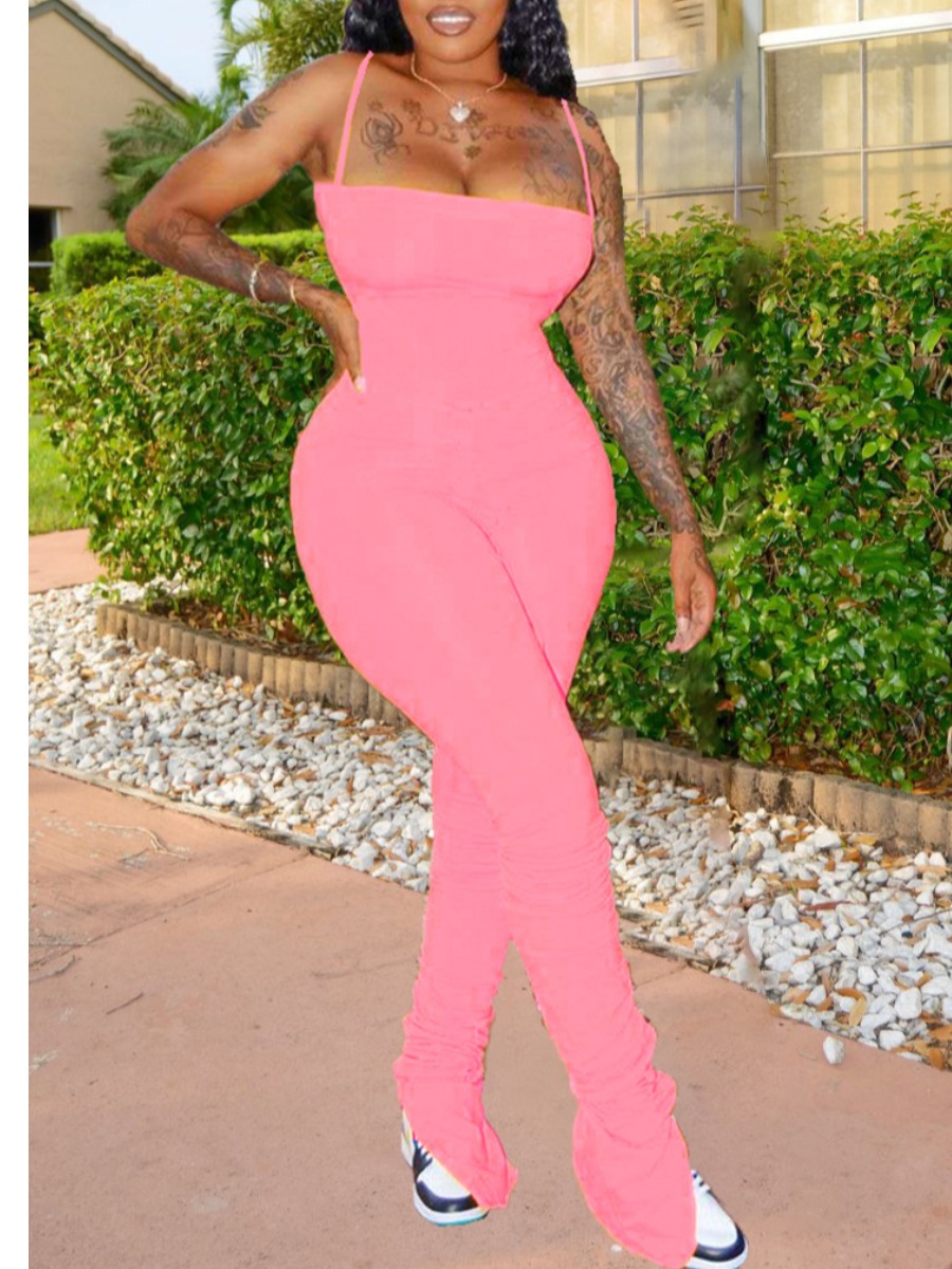 

lovely Trendy Spaghetti Strap Fold Design Skinny Pink One-piece Jumpsuit