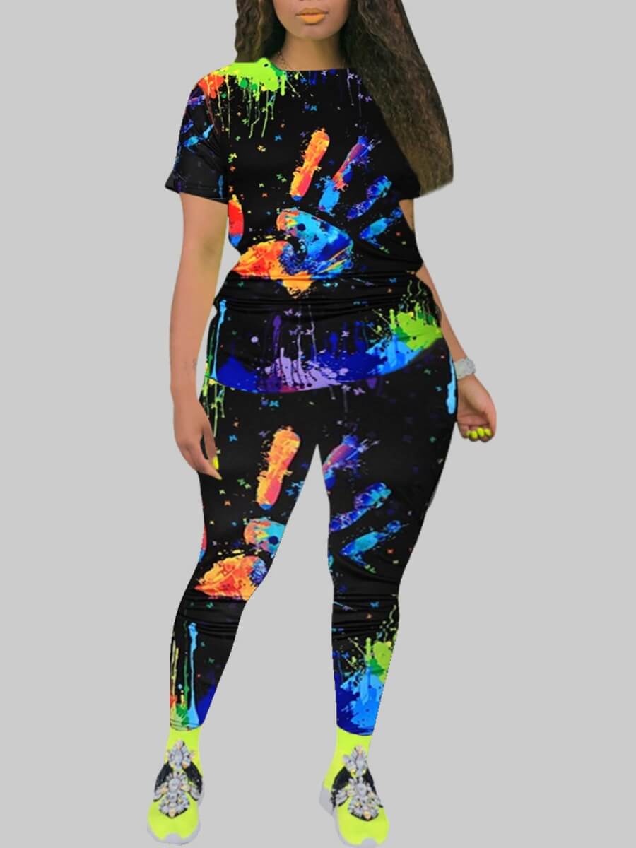 

LW Plus Size Round Neck Splash-ink Design Pants Set, Black