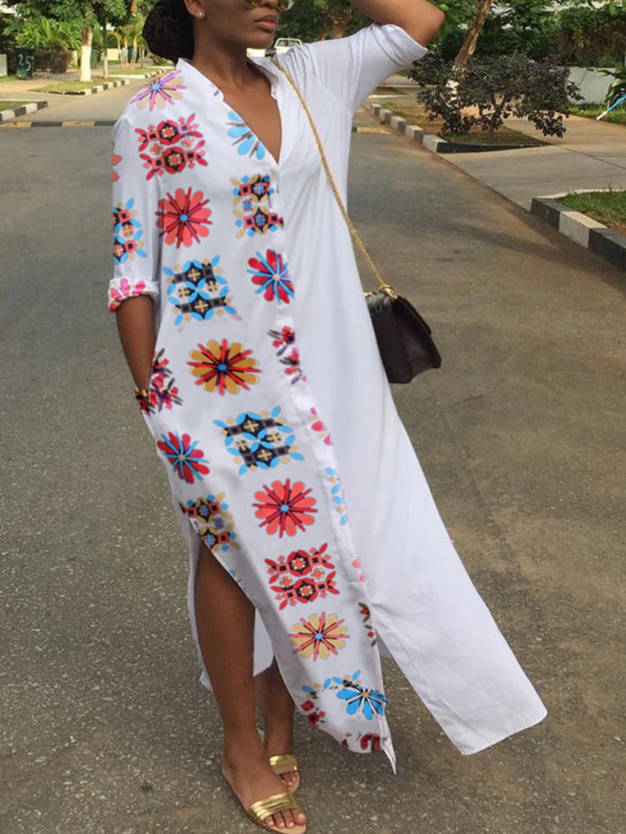 

lovely Casual Print Patchwork White Ankle Length Plus Size Dress