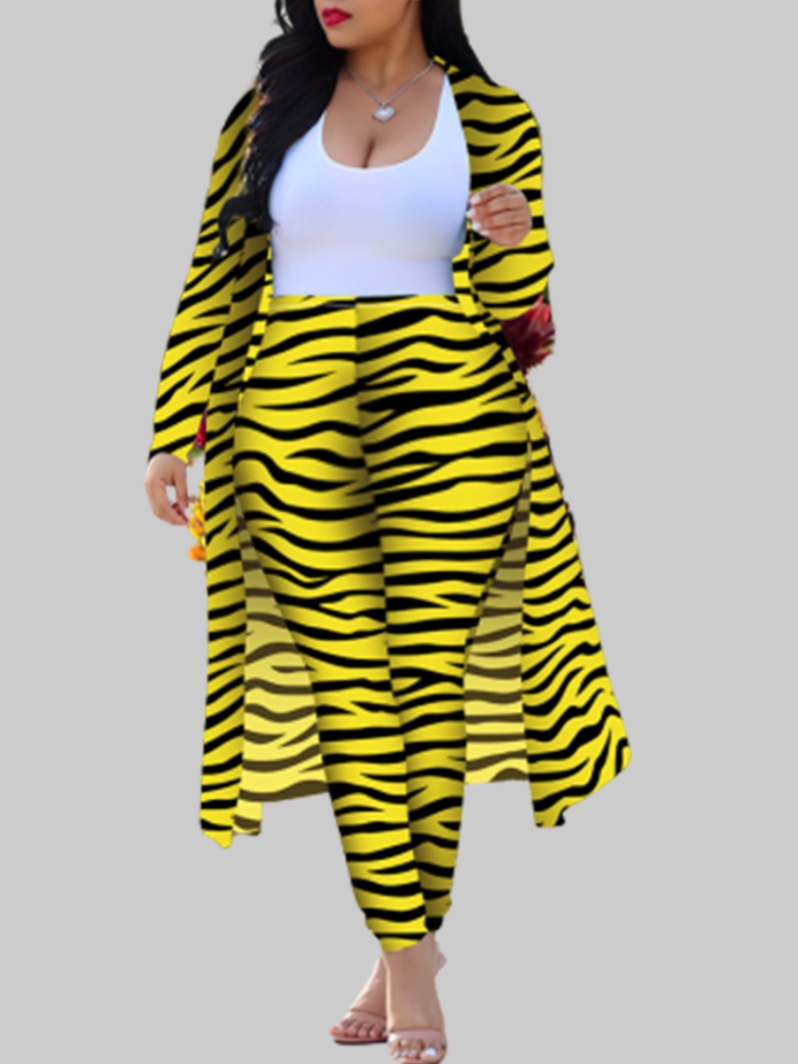

lovely Trendy Striped Print Yellow Plus Size Two-piece Pants Set