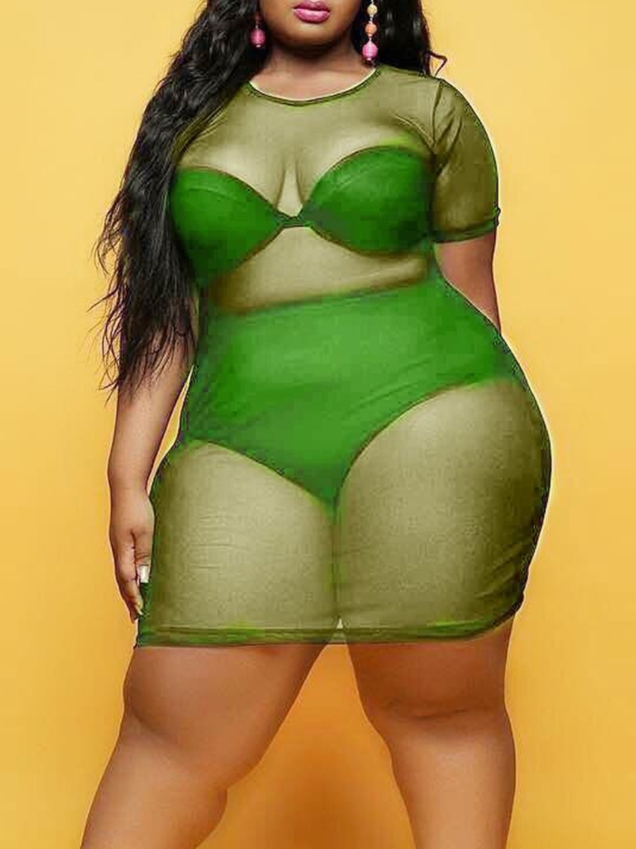 

lovely Sexy O Neck See-through Green Mini Plus Size Dress