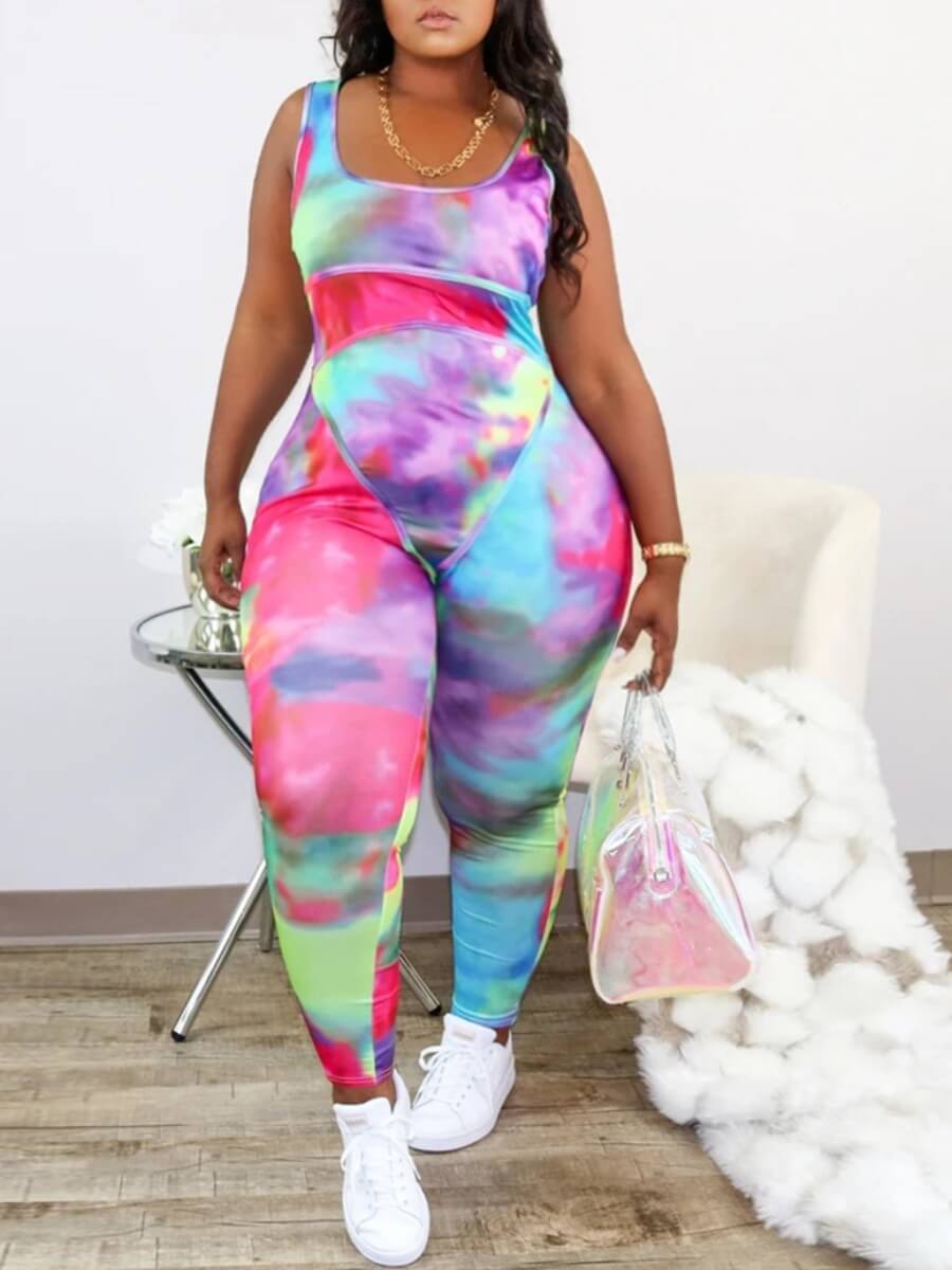 

lovely Casual U Neck Tie-dye Purple Plus Size Jumpsuits